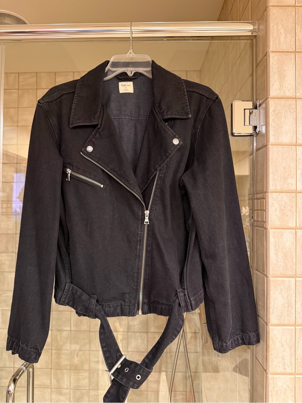 Gap Women’s Black Distressed Moto Jacket with Belt